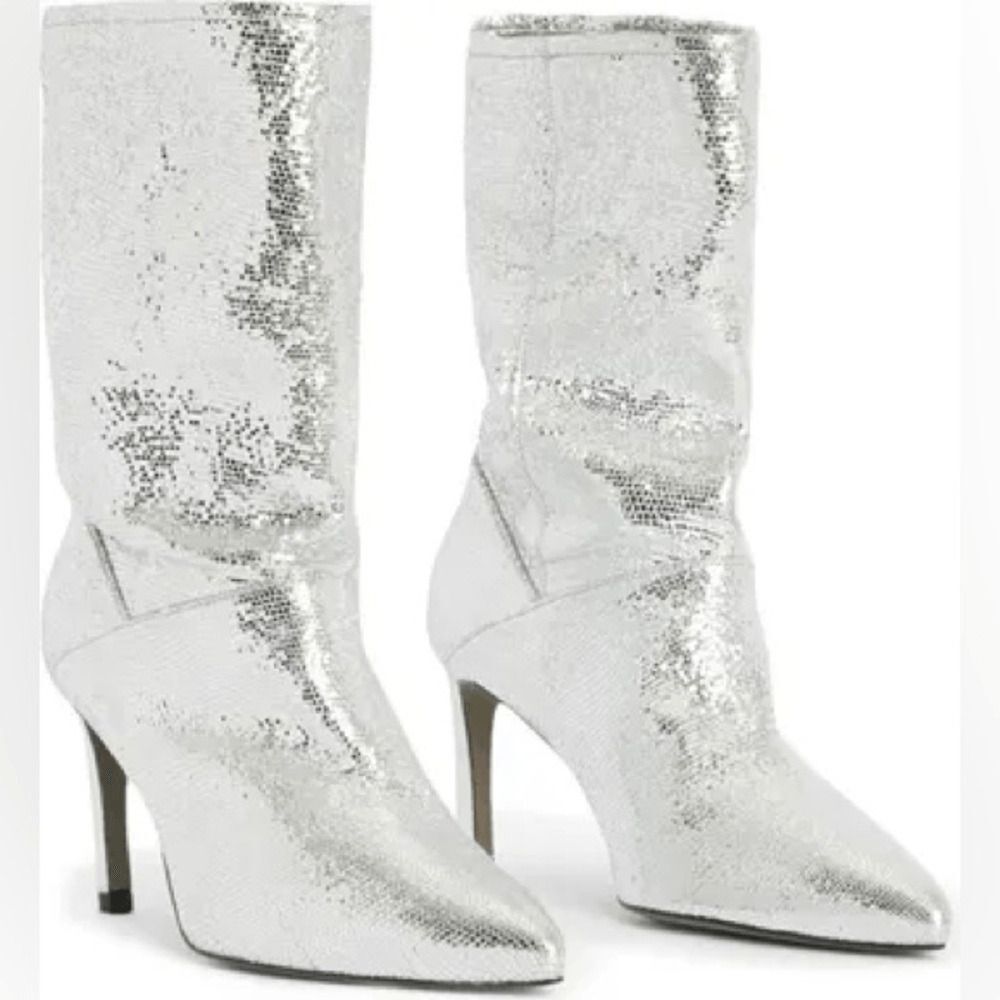 NEW! NWT ALL SAINTS Orlana Womens Metallic Pointed Toe Mid-Calf Boots size 6 - Picture 2 of 13